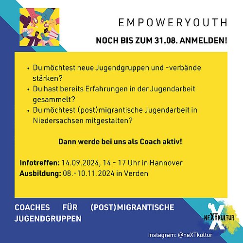 Melde dich noch bis zum 31.08. für den Infotag an! 

Wir suchen dich für unser Coachingprojekt "EmpowerYouth - Coaches...